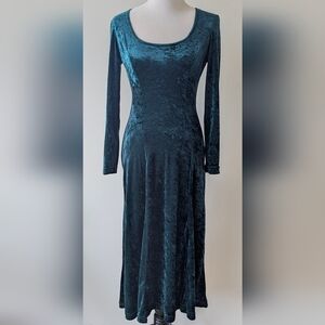 Vintage 90s Forest Green Crushed Velvet Midi Dress Small